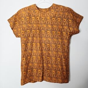 Vintage Clio African Print 100% Silk Top Size M Orange Button Up Back